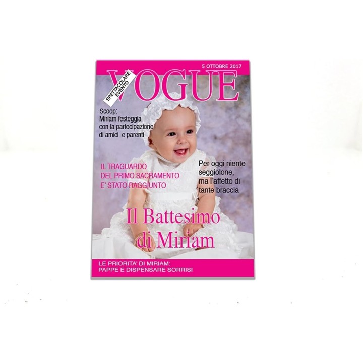 Bomboniera compleanno battesimo copertina vogue cm 7,5x10 presonalizzata con foto e dati