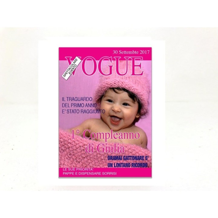 Bomboniera compleanno battesimo copertina vogue cm 7,5x10 presonalizzata con foto e dati