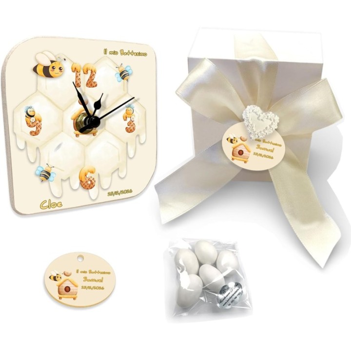 Bomboniera Battesimo o Compleanno Bambino con Orologio Personalizzato Tema Ape – Un Dolce Ricordo con Nome e Data, Confezione