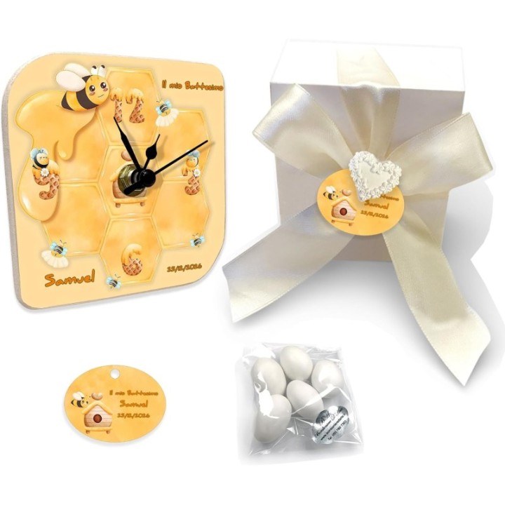 Bomboniera Battesimo o Compleanno Bambino con Orologio Personalizzato Tema Ape – Un Dolce Ricordo con Nome e Data, Confezione