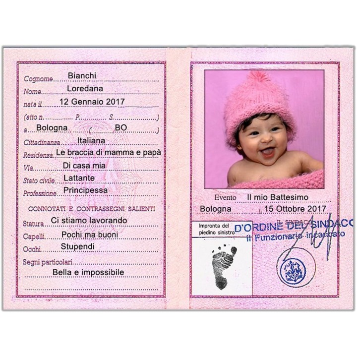 BOMBONIERE BATTESIMO CARTA D'IDENTITA' IN LEGNO MM. 60x80x6 CON MAGNETE COL. ROSA