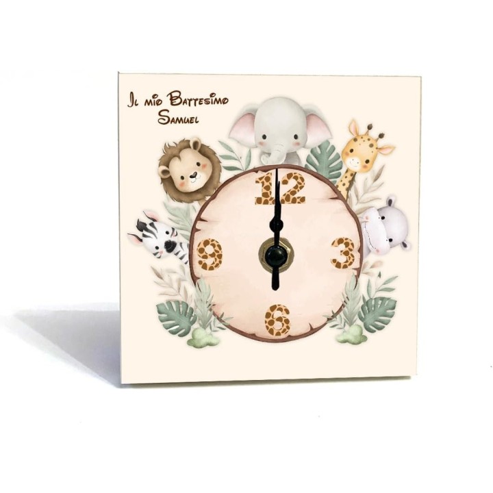 Bomboniera Battesimo Orologio in Legno Personalizzato, 10x10 cm, Include Confetti e Bigliettino (Safari)