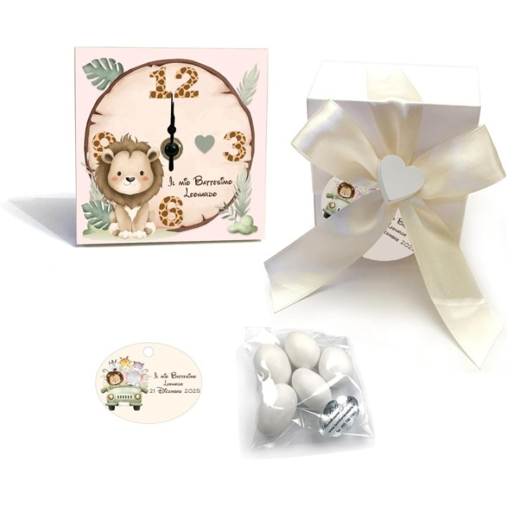 Bomboniera Battesimo Orologio in Legno Personalizzato, 10x10 cm, Include Confetti e Bigliettino (Safari)
