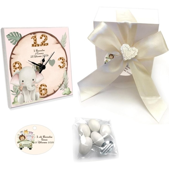 Bomboniera Battesimo Orologio in Legno Personalizzato, 10x10 cm, Include Confetti e Bigliettino (Safari)