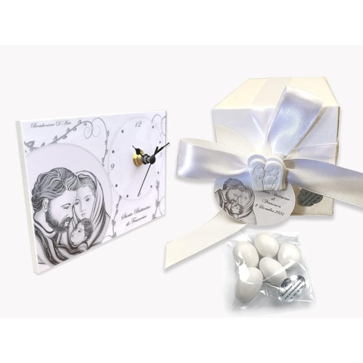 Bomboniera Orologio Modello Sacra Famiglia per Battesimo, Personalizzato con Frase da Voi Scelta, Misura cm 10x14 e Movimento