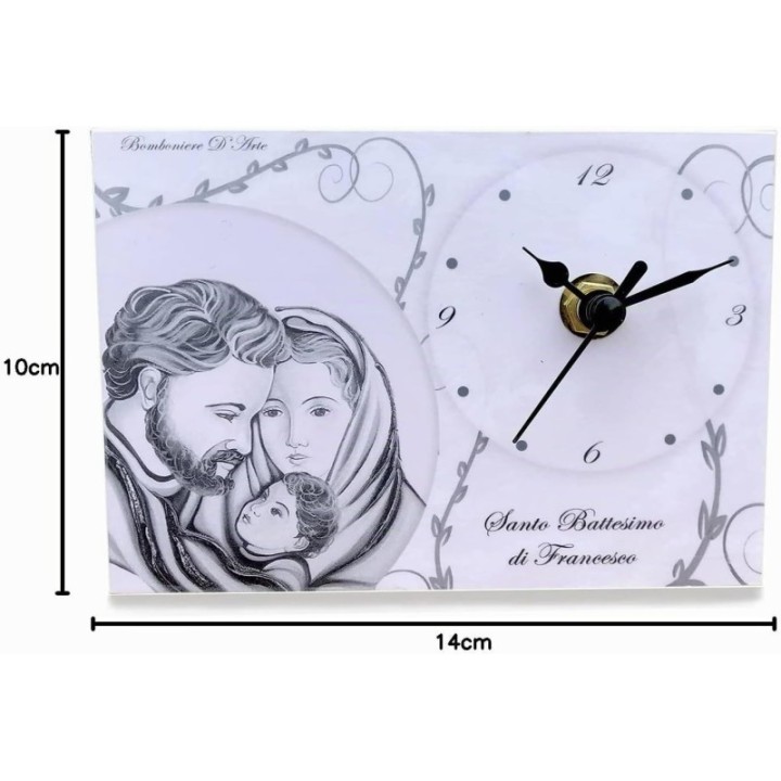 Bomboniera Orologio Modello Sacra Famiglia per Battesimo, Personalizzato con Frase da Voi Scelta, Misura cm 10x14 e Movimento