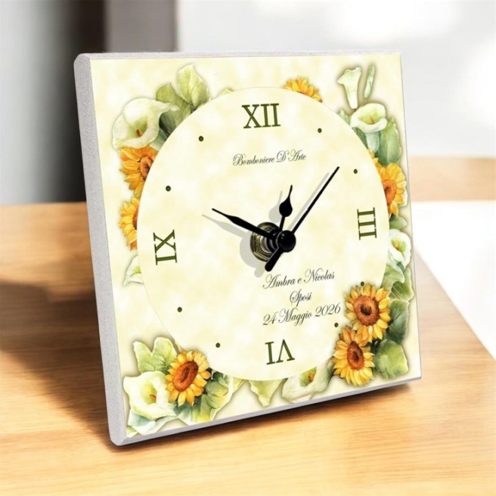 Bomboniere D'Arte Orologio Bomboniera Personalizzabile con Girasoli, Tema Floreale per Matrimonio Battesimo Cresima, con