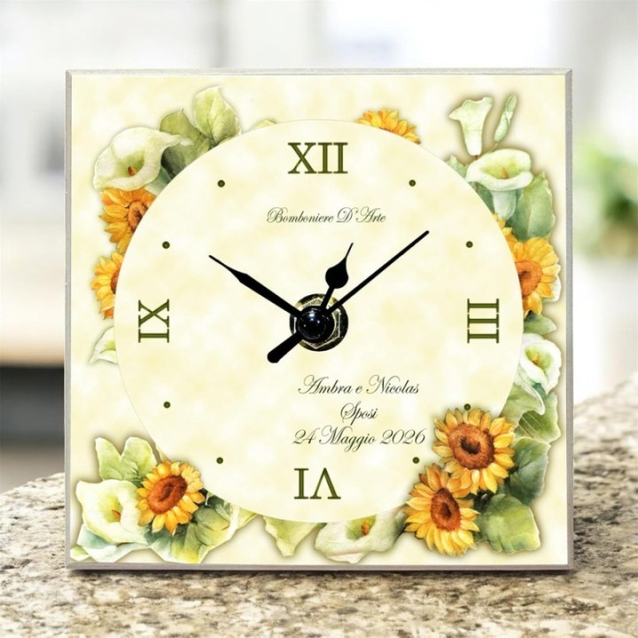 Bomboniere D'Arte Orologio Bomboniera Personalizzabile con Girasoli, Tema Floreale per Matrimonio Battesimo Cresima, con