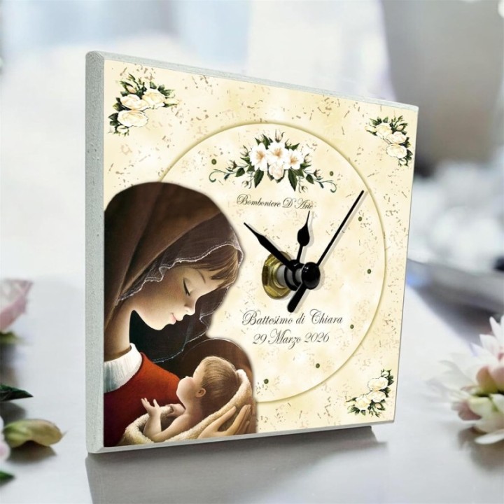 Orologio Personalizzato in Legno per Battesimo, 10x10 cm, con Bomboniera e Decorazioni