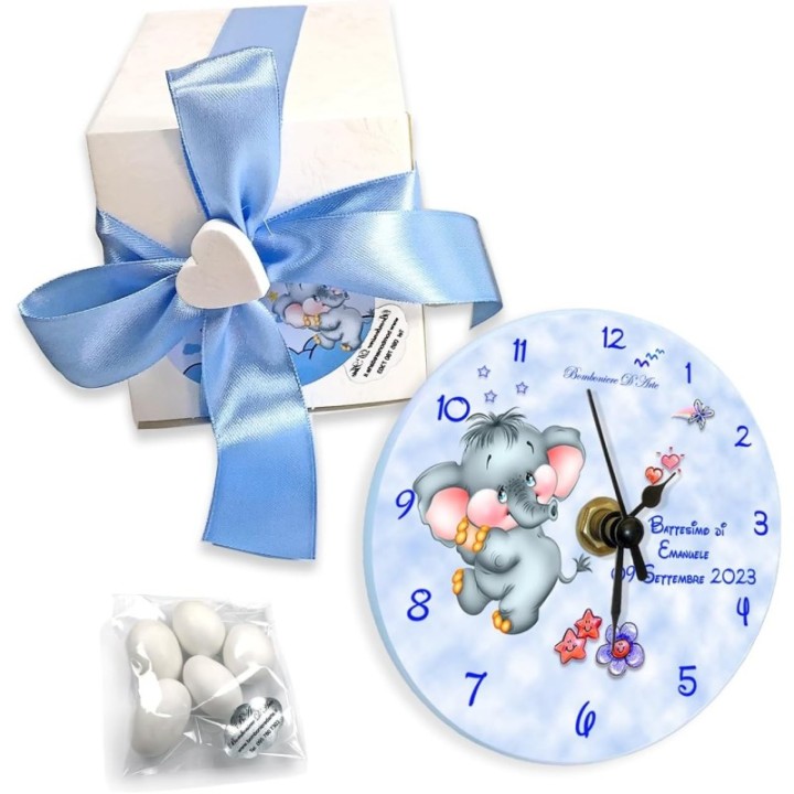 Bomboniere orologio personalizzate per battesimo compleanno bimbo bimba modello elefantino completo di confetti e bigliettini