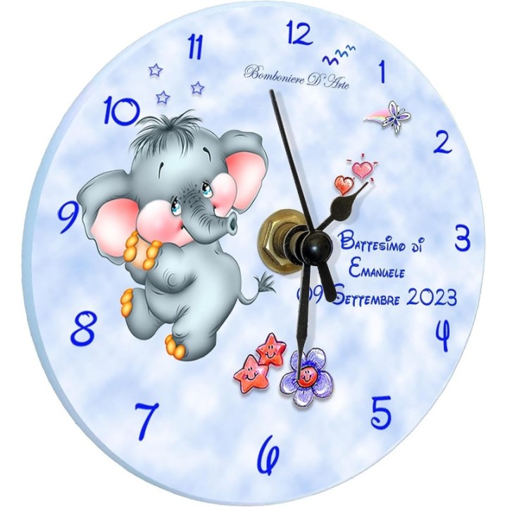 Bomboniere orologio personalizzate per battesimo compleanno bimbo bimba modello elefantino completo di confetti e bigliettini