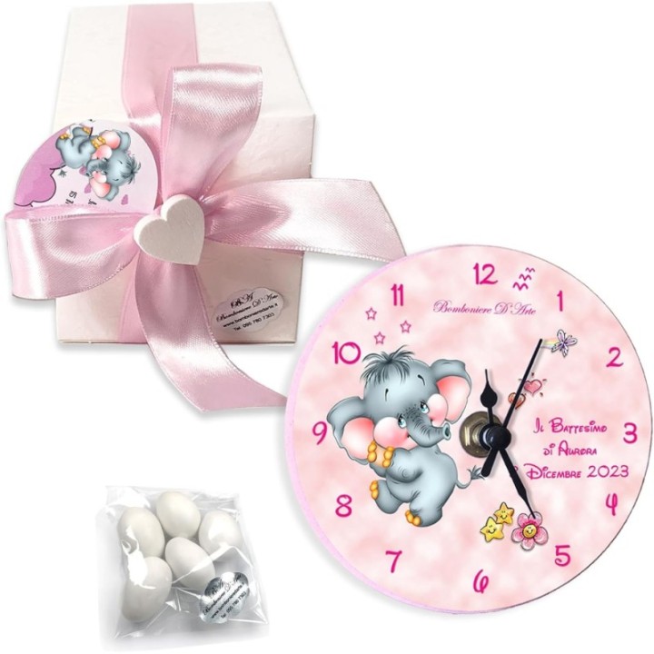 Bomboniere orologio personalizzate per battesimo compleanno bimbo bimba modello elefantino completo di confetti e bigliettini