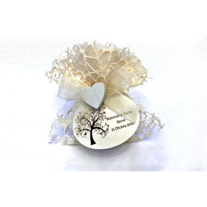 Sacchettini con confetti applicazione cuore o albero della vita