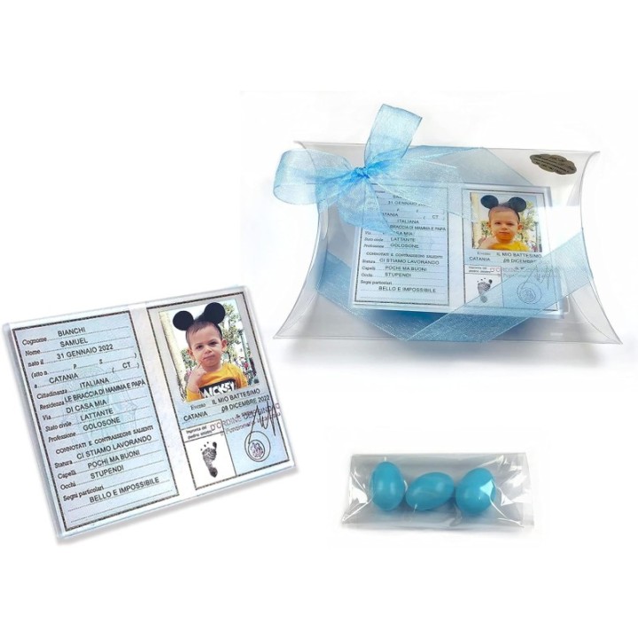 Bomboniera battesimo bimba plexiglass con appoggino 7,5x10 carta d'identità personalizzabile