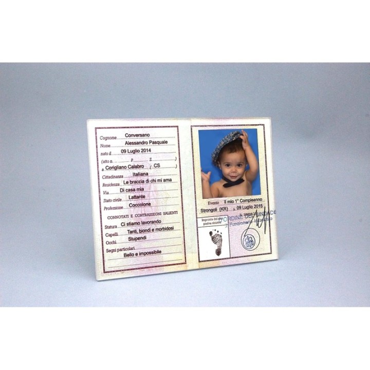 Bomboniera battesimo bimba plexiglass con appoggino 7,5x10 carta d'identità personalizzabile