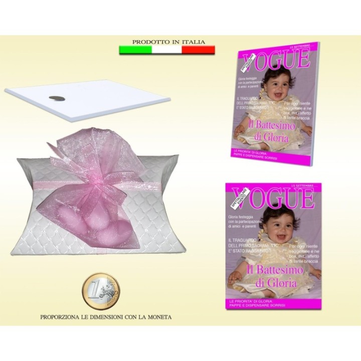 BOMBONIERA BATTESIMO COMPLEANNO MAGNETE PERSONALIZZABILE COPERTINA VOGUE IN PLEXIGLASS