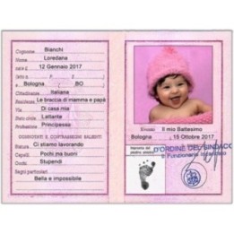 BOMBONIERE BATTESIMO FEMMINA CARTA D'IDENTITA' IN LEGNO CM. 10x7,5 CON MAGNETE O PIEDINO COL. ROSA