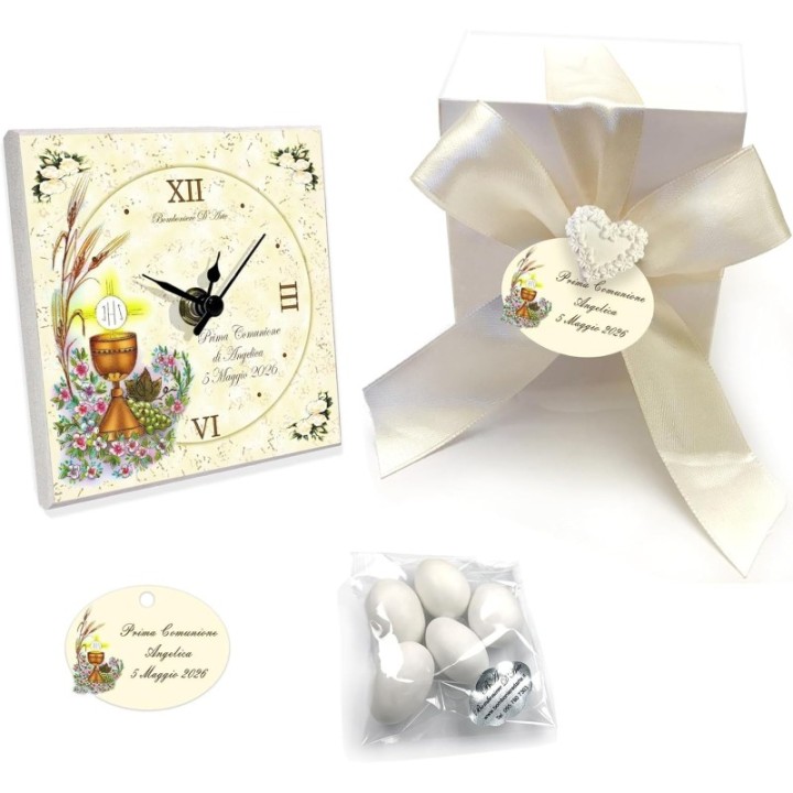 Bomboniere prima comunione orologio in legno personalizzato completo di confetti e bigliettino
