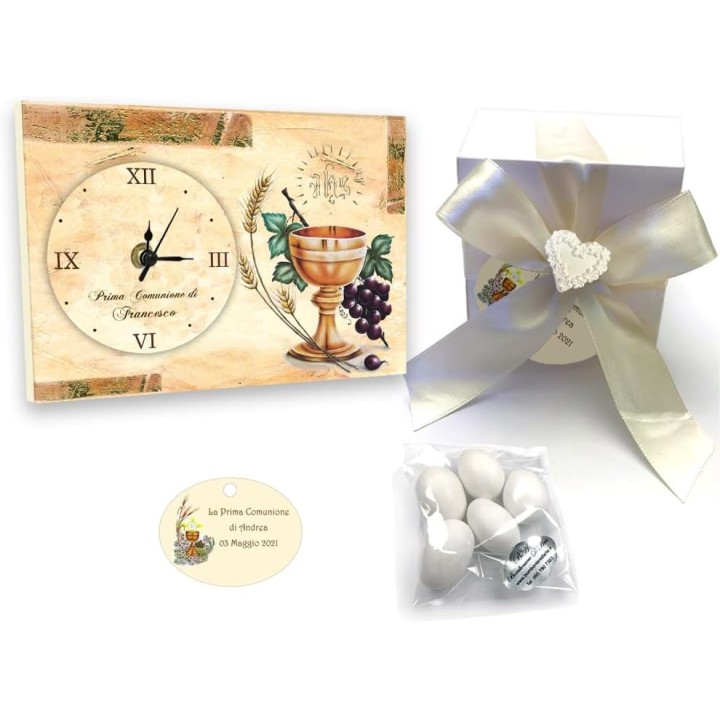 Bomboniere D'Arte Orologio Bomboniera Personalizzata, 10x14 cm, Made in Italy, Confezionata con Confetti (Prima comunione)