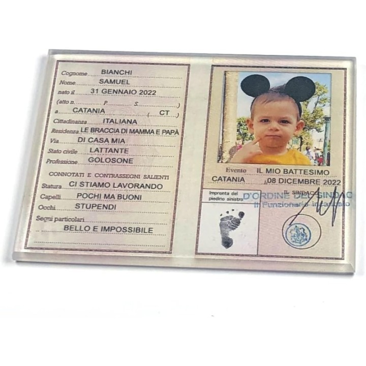 BOMBONIERA BATTESIMO MAGNETE PERSONALIZZABILE CARTA IDENTITA' PLEXIGLASS