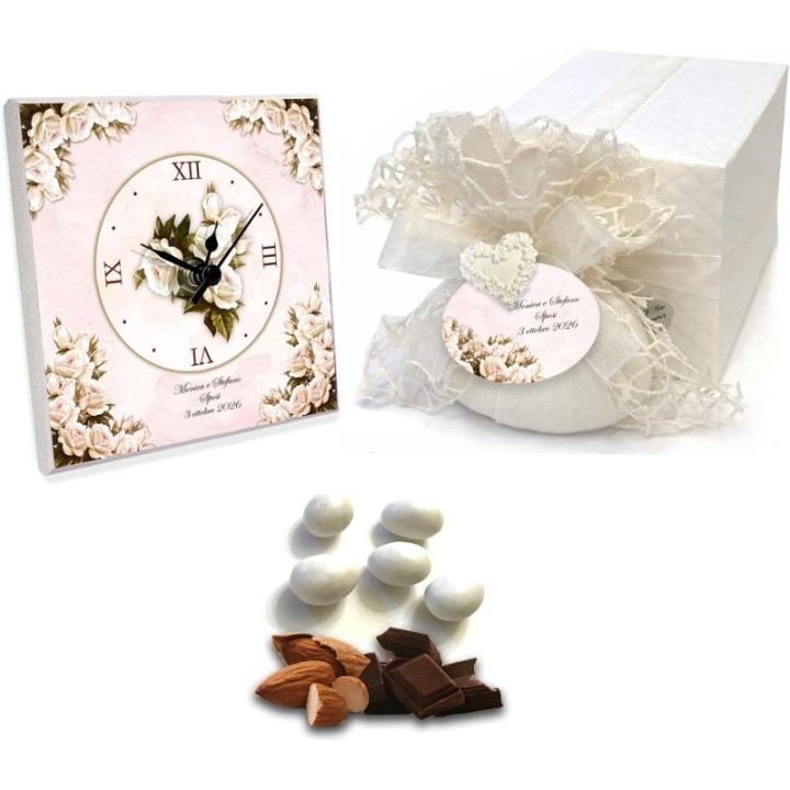 Orologio Bomboniera Personalizzabile, Tema Floreale per Matrimonio Battesimo Cresima, con Confezione Regalo e Confetti