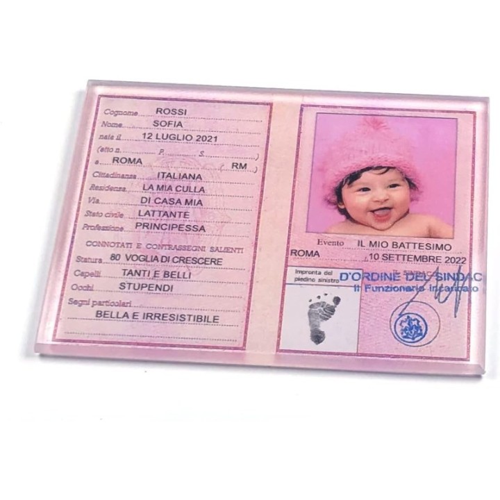 BOMBONIERA BATTESIMO MAGNETE PERSONALIZZABILE CARTA IDENTITA' PLEXIGLASS