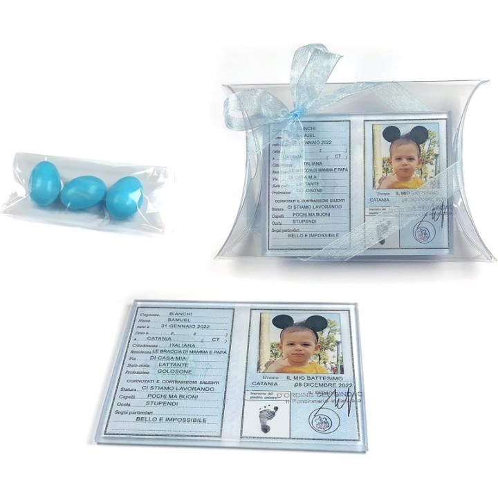 BOMBONIERA BATTESIMO MAGNETE PERSONALIZZABILE CARTA IDENTITA' PLEXIGLASS