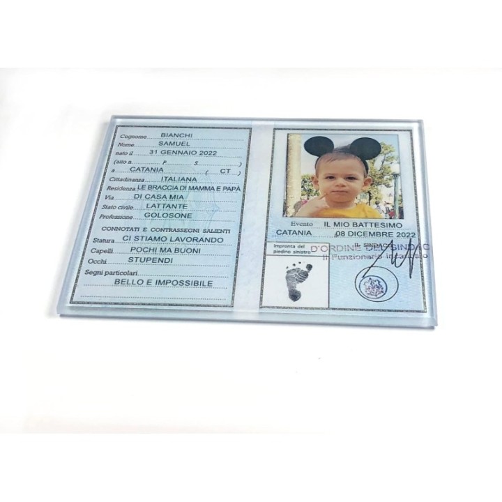 BOMBONIERA BATTESIMO MAGNETE PERSONALIZZABILE CARTA IDENTITA' PLEXIGLASS