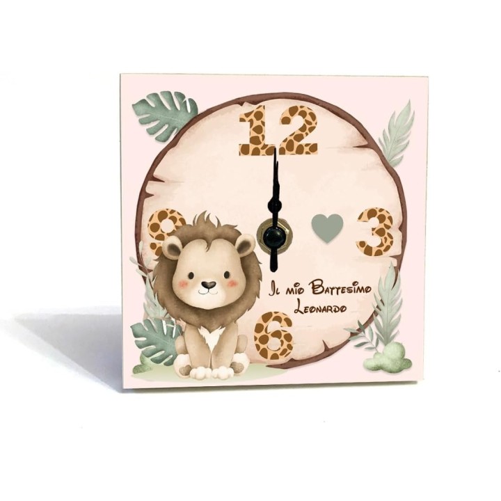 Bomboniera Battesimo Orologio in Legno Personalizzato, 10x10 cm, Include Confetti e Bigliettino (Leone)