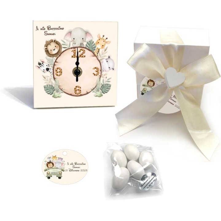 Bomboniera Battesimo Orologio in Legno Personalizzato, 10x10 cm, Include Confetti e Bigliettino (Leone)