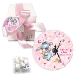 Bomboniere orologio personalizzate per battesimo compleanno bimbo bimba modello elefantino completo di confetti e bigliettini