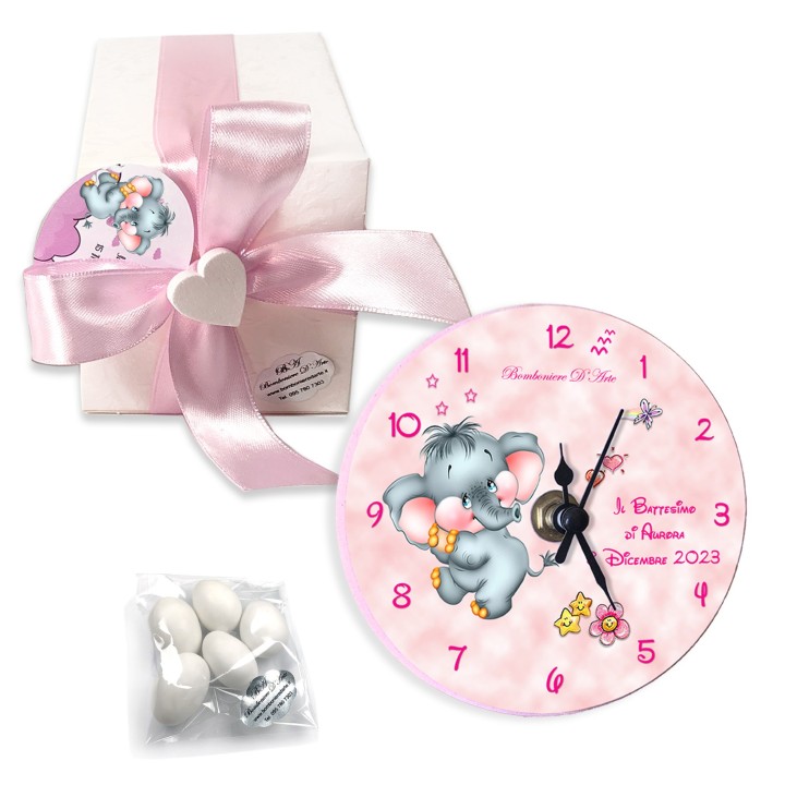Bomboniere orologio personalizzate per battesimo compleanno bimbo bimba modello elefantino completo di confetti e bigliettini