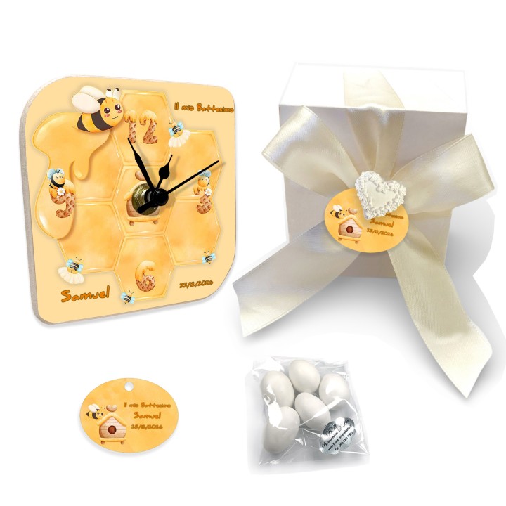 Bomboniera Battesimo o Compleanno Bambino con Orologio Personalizzato Tema Ape – Un Dolce Ricordo con Nome e Data, Confezione