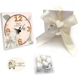 Bomboniera Battesimo Orologio in Legno Personalizzato, 10x10 cm, Include Confetti e Bigliettino (Elefantino)