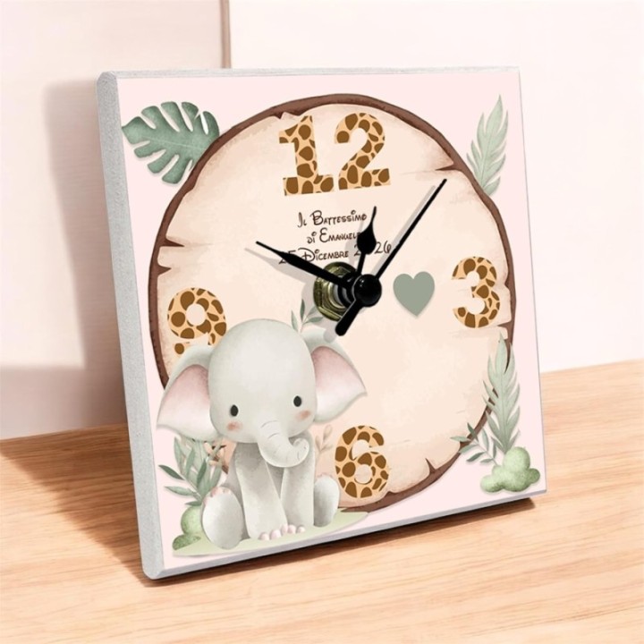 Bomboniera Battesimo Orologio in Legno Personalizzato, 10x10 cm, Include Confetti e Bigliettino (Elefantino)